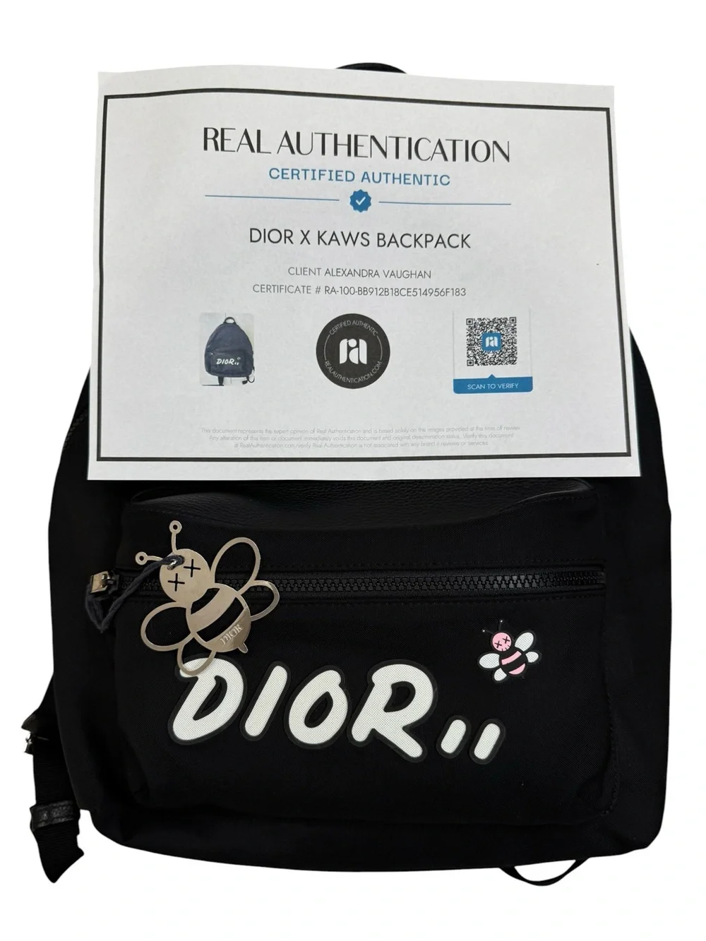 Dior x KAWS Rider Nylon Backpack with Pink Bee Limited Edition 2019 Black Whitw